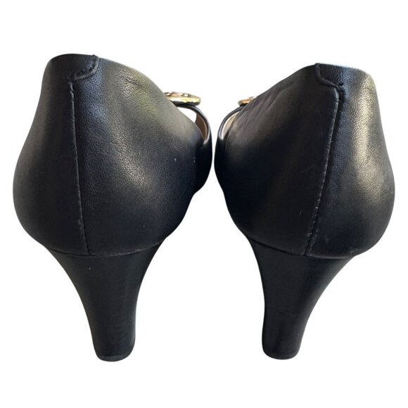 Tory Burch Black Leather Wedge Peep Toe Pumps With Gold Logo Size 10M - Picture 6 of 11